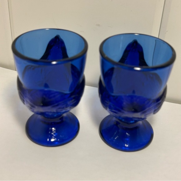 Arcoroc France Vintage Cobalt  Blue Glass Chicken Egg Cup Holders Hen On Nest 2 - Picture 9 of 16